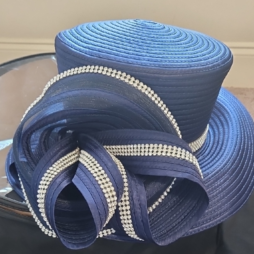 Luxurious Soft Blue Formal Hat with Wide Brim and Decorative Trim